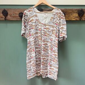 Porridge Clothing Mediterranean Village Print Linen Blend Shift Dress XL Cream